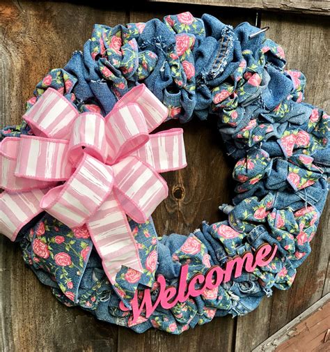 Pink And Blue Denim Wreath Great Way To Recycle Old