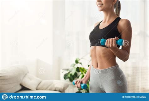 Unrecognizable Fitness Woman Exercising With Dumbbells Copy Space