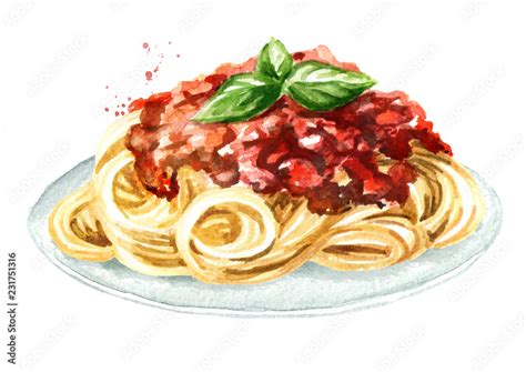 Spaghetti With Sauce Bolognese Watercolor Hand Drawn Illustration