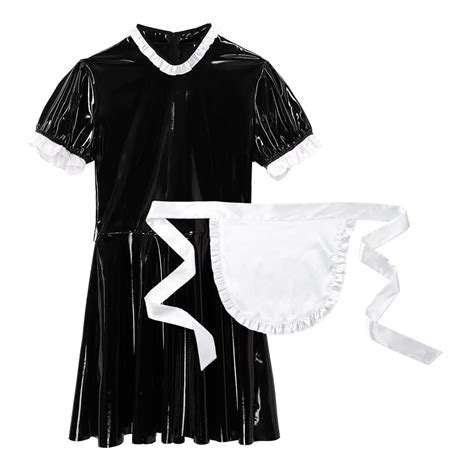 buy wjdt new mens male sissy maid dress cosplay costume clubwear puff sleeve wetlook latex maid