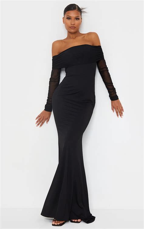 Black Mesh Sleeve Bardot Maxi Dress Dresses Prettylittlething