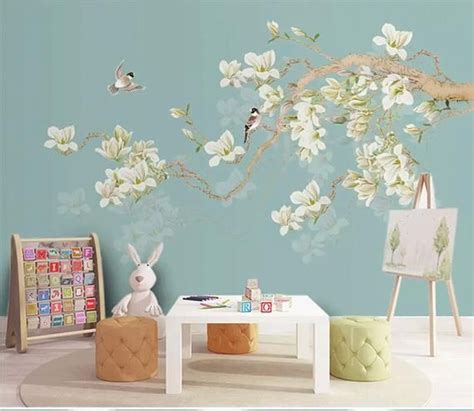 Fine Brushwork Magnolia Flower Wallpaper Wall Mural Etsy Custom