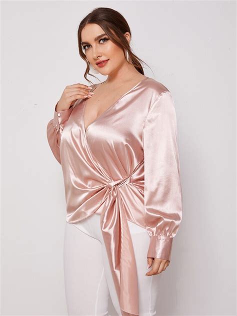 plus size pink satin wrap blouse oversized sash from shein satin blouses satin wrap blouse