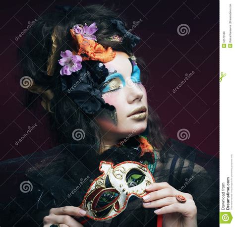 Woman With Bright Make Up With Carnaval Mask Stock Photo Image Of