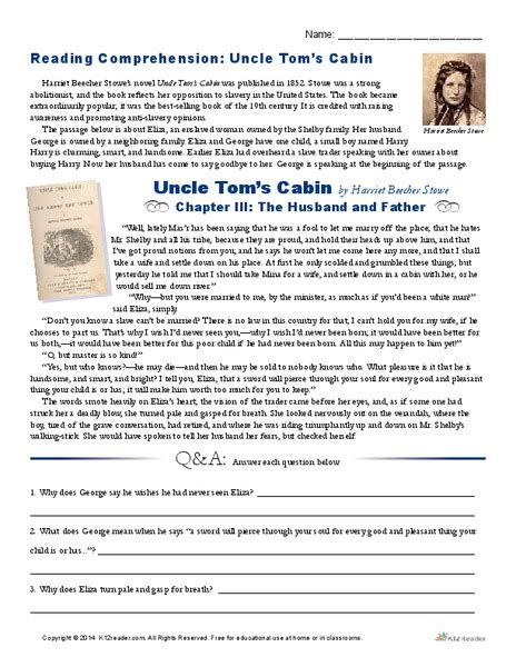 Download premium quality worksheets for use with your 9th graders today. Reading Comprehension: Uncle Tom's Cabin Worksheet for 9th - 12th Grade | Lesson Planet