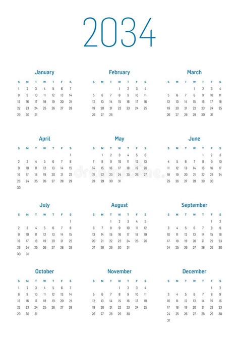 Annual Calendar For 2034 Stock Vector Illustration Of Blue 180967604