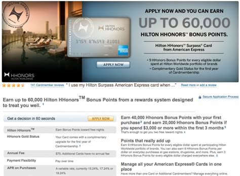 Earn 12x hilton honors bonus points for each dollar of eligible purchases charged on your card directly with a hotel or resort within the hilton portfolio. Hilton HHonors Surpass Amex 60,000 Point BonusThe Points Guy