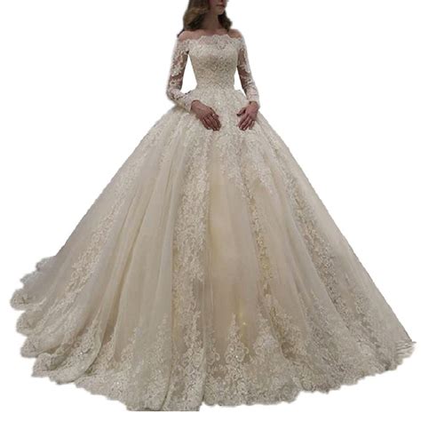 Buy Lace Beading Wedding Dress Long Sleeve Off Shoulder Bridal Dress