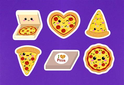 Kawaii Pizza Sticker Set Of 6 Pizza Stickers 2 On Their Etsy