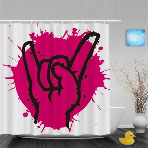 Pink Splash Paint Bathroom Shower Curtains Rock Hand Sign Shower Curtain For Valentinewaterproof