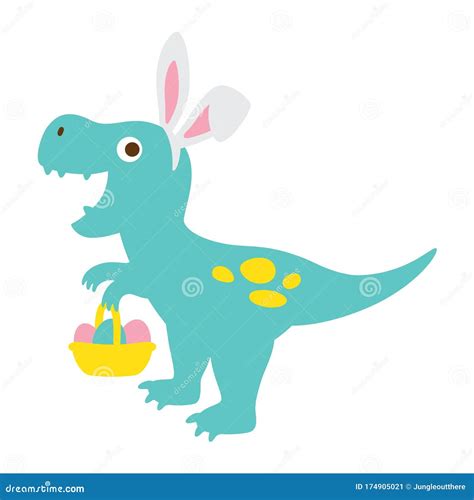 Cute Dinosaur With Bunny Ears Holding Easter Eggs Basket Stock Vector