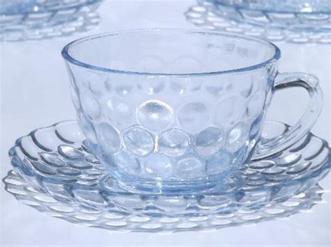 Blue Bubble Pattern Cups And Saucers Vintage Depression Glass Tea Cups Set