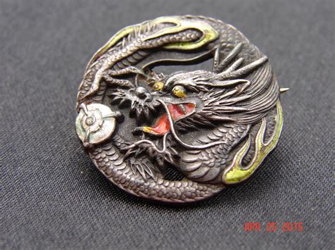 Beautiful Asian Silver Dragon Enamel Pin With C Clasp Antique