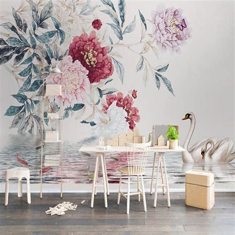 Custom Wallpaper Mural Abstract Peony Flower Swan Bvm Home