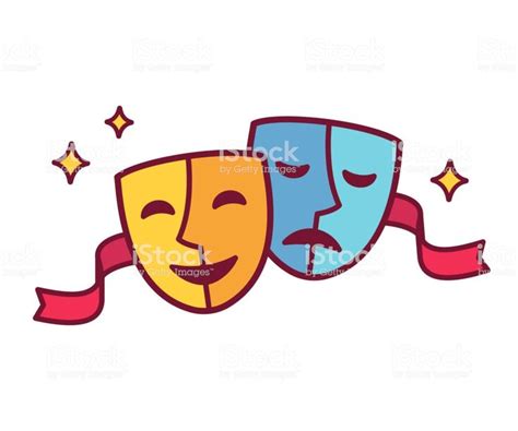 Traditional Theater Symbol Comedy And Tragedy Masks With Red Ribbon