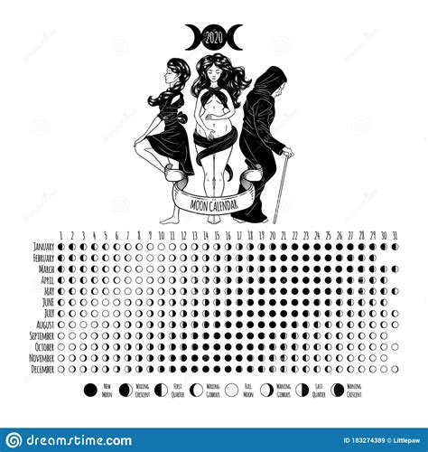 Moon Calendar 2020 Year Lunar Phases Cycles Design Illustrated With