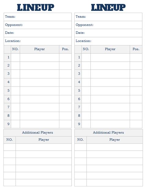 Softball Lineup Card 2 Per Sheet Baseball Lineup Baseball Card