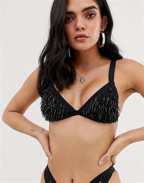 Missguided Triangle Bikini Top With Beaded Detail In Black Asos