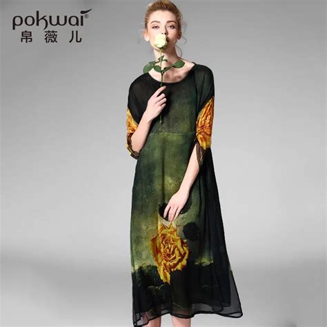 Pokwai Elegant Long Vintage Spring Summer Silk Dress Women 2017 New Arrival High Quality Fashion