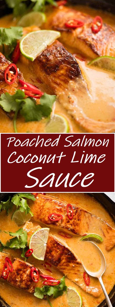 Remove the salmon from the marinade and thread onto double pronged metal skewers, alternating the salmon with pineapple and red onion. Poached Salmon in Coconut Lime Sauce - Easy Recipes