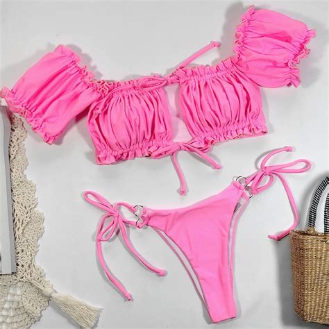 Peachtan Sexy Pink Swimwear Women Bathing Suit Bandeau Bikinis 2021 Mujer Micro Swimsuit Female