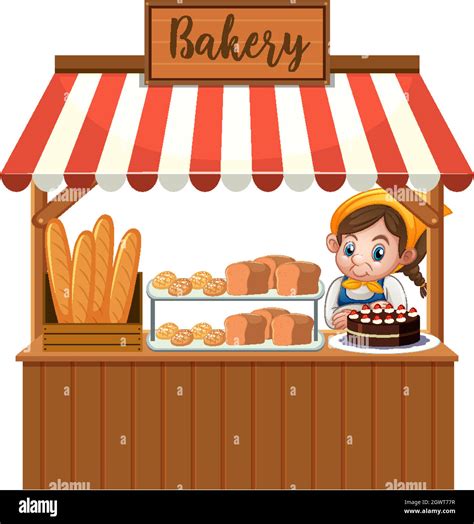 Front Of Bakery Shop With Baker Isolated On White Background Stock