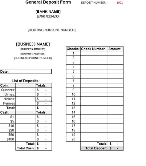 Bank Deposit Form Template