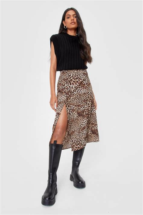 Leopard Print Slit Midi Skirt Nasty Gal