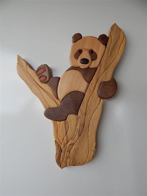 Panda In A Tree Wood Intarsia Wall Hanging Handcrafted Scroll Etsy