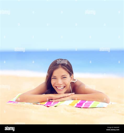 Happy Vacation Woman Sunbathing Relaxing On Beach Cute Young Asian