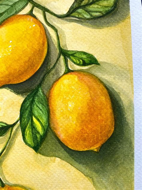 Lemon Painting Watercolor Drawing Lemon Branch Original Art Etsy Uk