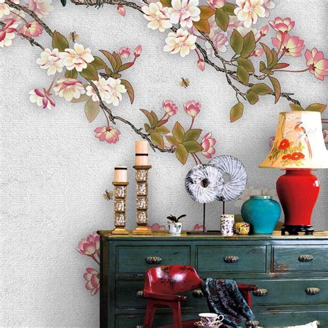 Idea4wall 4pcs Chinese Style Pink Floral Pear Blossom Peel And Stick