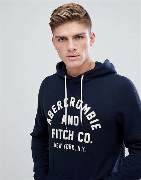 abercrombie and fitch large front flock logo hoodie in navy asos