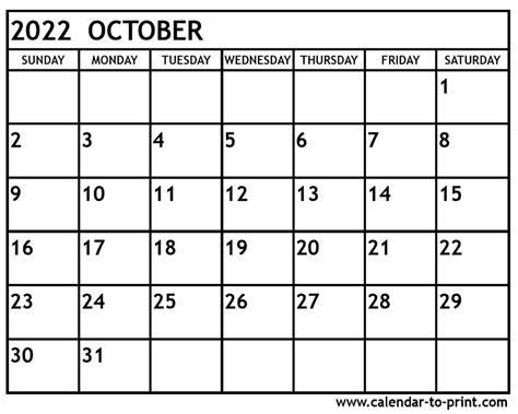 October 2022 Calendar Printable Free Printable Calendar Monthly