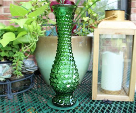 Vintage Emerald Green Hoosier Glass Diamond Cut Footed Vase Etsy