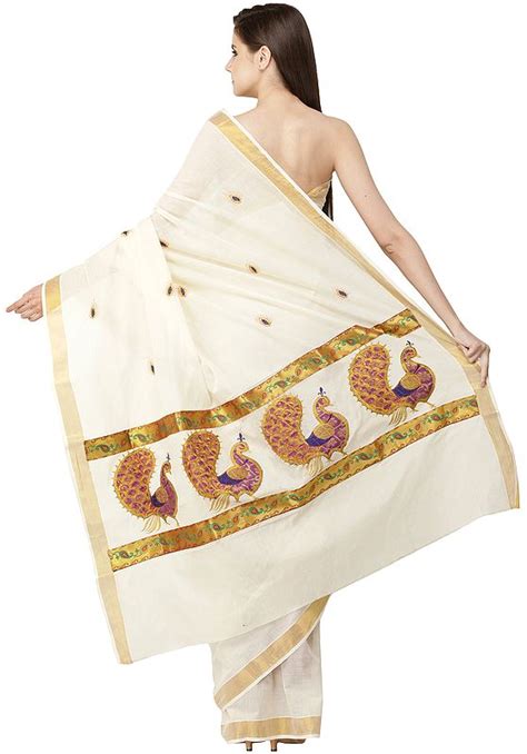 Ivory Kasavu Sari From Kerala With Embroidered Peacocks And Golden Border