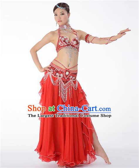 Asian Belly Dance Red Uniforms Traditional Oriental Beauty Dance Bra And Skirt Indian Stage