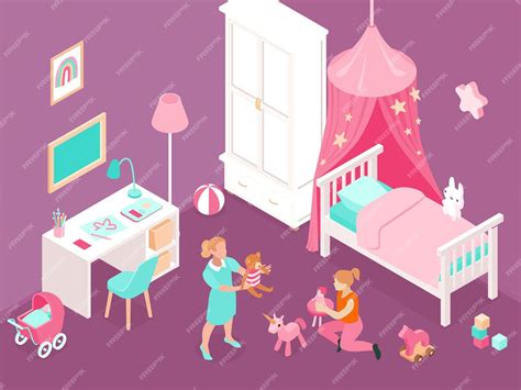 Free Vector Two Girls Playing With Toys In Cozy Room With Colorful