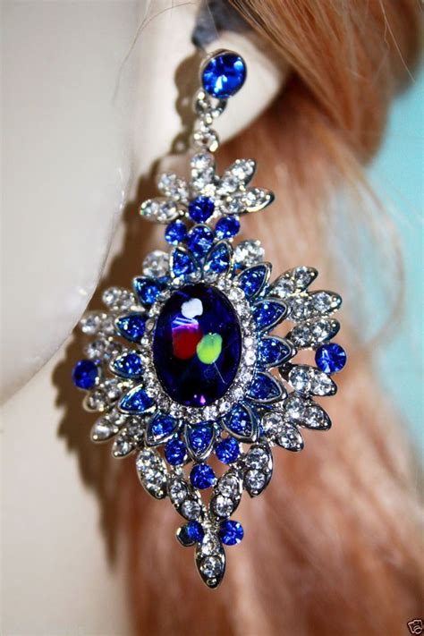 Painted Austrian Crystal Chandelier Blue Earrings Rhinestone Bridal