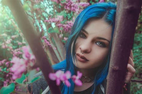 Wallpaper Women Face Dyed Hair Portrait Blue Hair Nose Rings Depth Of Field X
