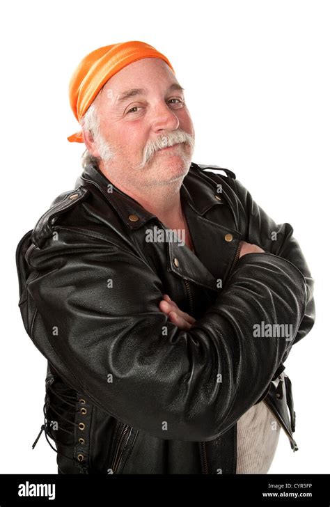 Smiling Biker Gang Member With Leather Jacket Stock Photo Alamy