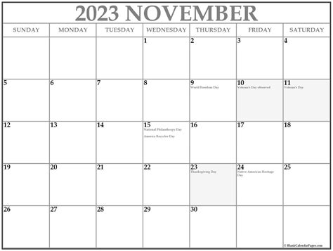November 2021 With Holidays Calendar