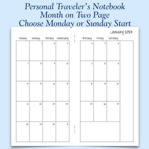 Printed Personal Size Month On Two Page Traveler S Notebook Insert