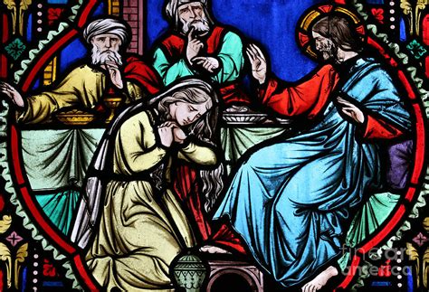 Mary Magdalene Washing The Feet Of Jesus Glass Art By European School Pixels