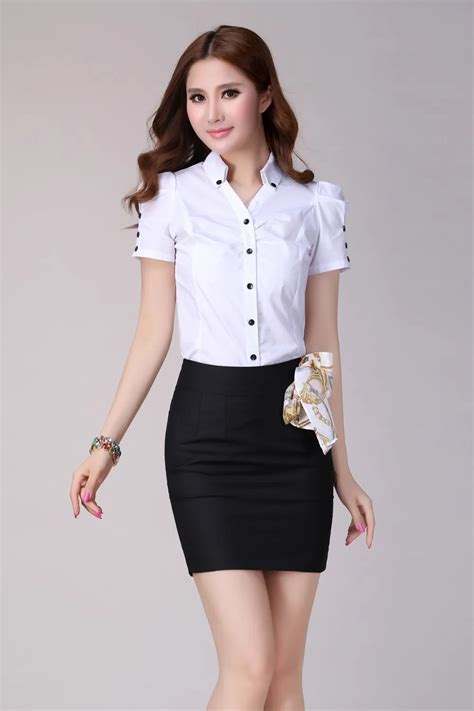 Summer Fashion Ladies White Short Sleeved Blouse Black Skirt Professional Women 2pcs Skirts
