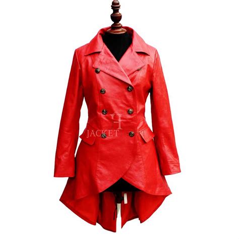 women double breast military real red leather coat corset laces tighten back tailcoat jacket