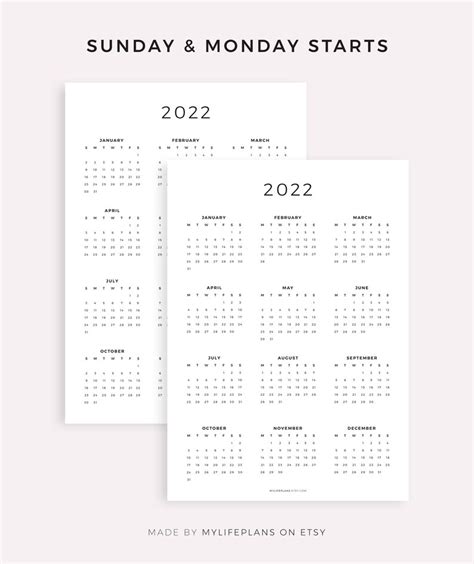 2022 Calendar And Important Dates Page Printable Birthdays Etsy