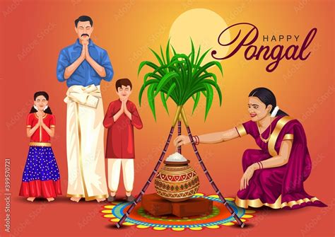 Happy Pongal Celebration With Sugarcane Rangoli And Pot Of Rice Tamil