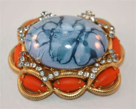 Vintage Hattie Carnegie Large Faux Turquoise Coral Brooch Jewelry