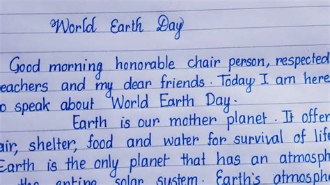 Speech On World Earth Day Writing English Handwriting Handwriting